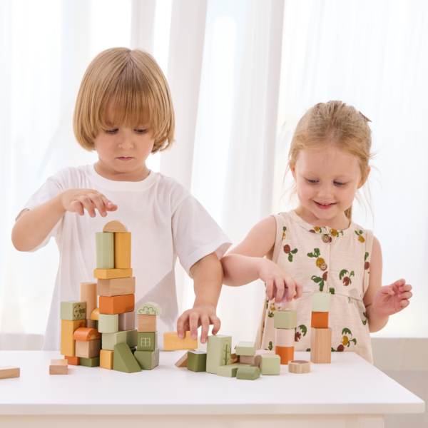 PolarB Wooden Blocks Set 50 Pieces, Green Forest Theme, Eco-Friendly Building and Stacking Toy for Toddlers, Includes Forest Animals and Shapes, Educational Toy for Kids 12 Months and Up