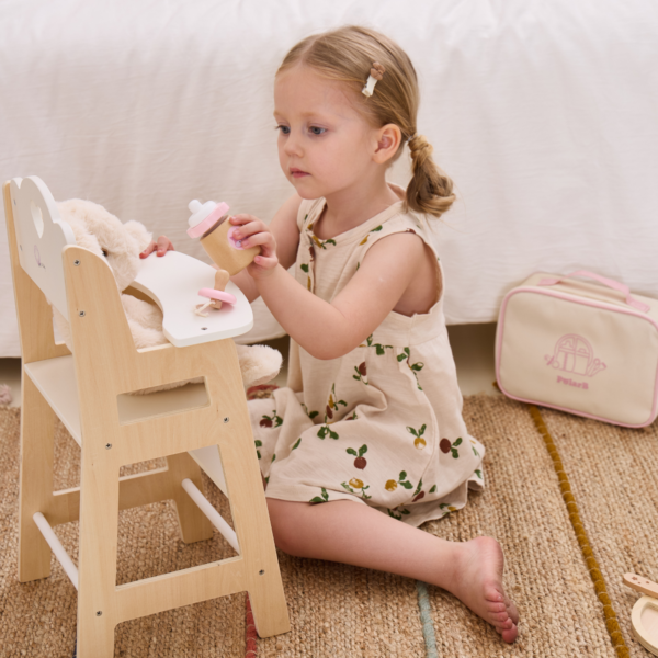 PolarB Wooden Doll Feeding Set for Kids, 8-Piece Pretend Play Set with Bag, Encourages Empathy, Imaginative Role Play and Social Skills, Ages 3 and Up