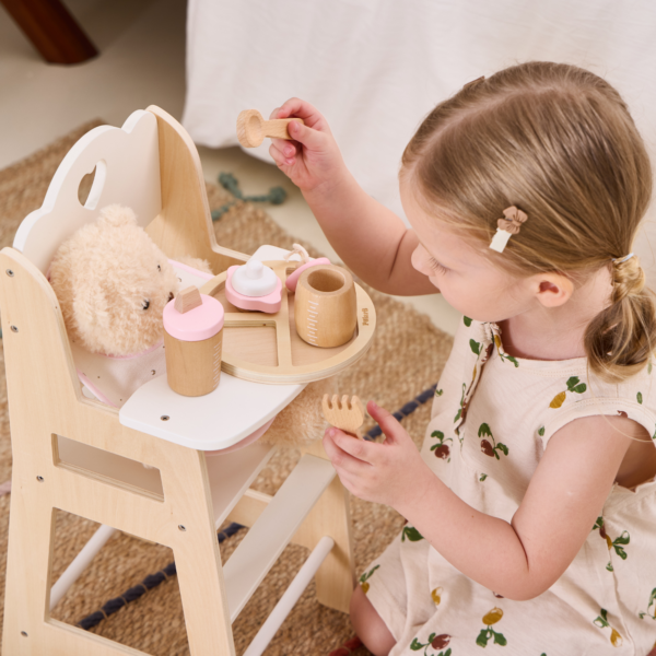 PolarB Wooden Doll Feeding Set for Kids, 8-Piece Pretend Play Set with Bag, Encourages Empathy, Imaginative Role Play and Social Skills, Ages 3 and Up