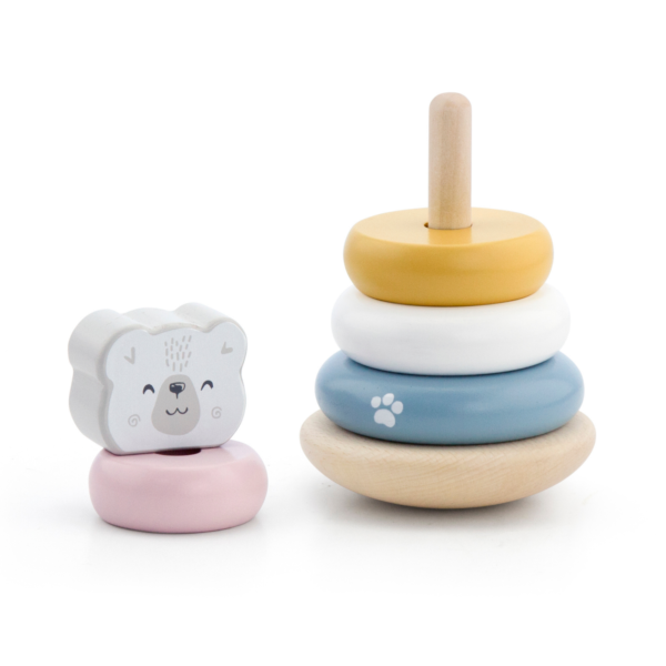 PolarB Wooden Polar Bear Stacker and Pounding Bench Set, Fine Motor Skill Toy for Toddlers, Color Recognition and Hand-Eye Coordination, Ages 24 Months+