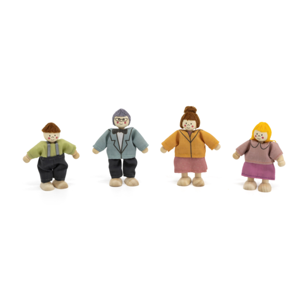 PolarB Wooden Doll Family Set 44254, 4-Piece Poseable Figures with Fabric Clothes, Ideal for Dollhouse Play and Role-Playing for Ages 3+