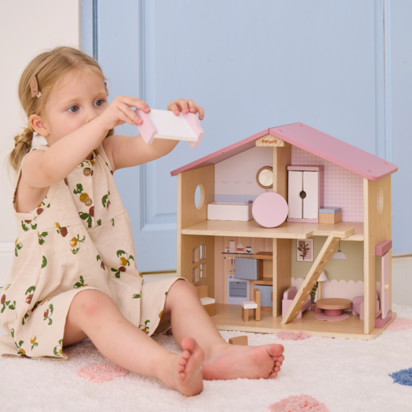 PolarB Wooden Dollhouse, 2-Story Playhouse with 16 Furniture Pieces, Pastel Pretend Play Set for Kids Ages 3+