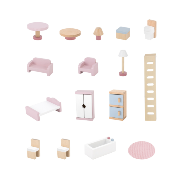 PolarB Wooden Dollhouse, 2-Story Playhouse with 16 Furniture Pieces, Pastel Pretend Play Set for Kids Ages 3+