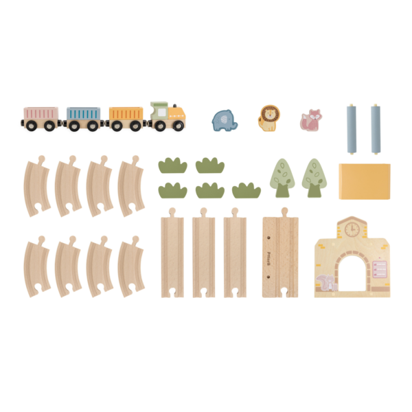 PolarB Wooden Train Set, 30 Pieces with Interactive Sound Station, Tracks, Animal Figures and Accessories, Educational Toy for Kids Ages 3 and Up