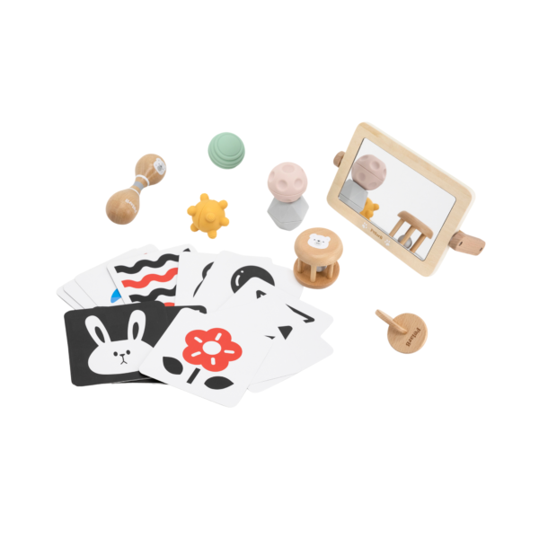 PolarB FSC Grow-with-Me Sensory Seekers Box, Montessori-Inspired Sensory Toy Set for Babies 0-6 Months, Includes High Contrast Cards, Mirror, Maracas, Rattle, Discs and Textured Balls