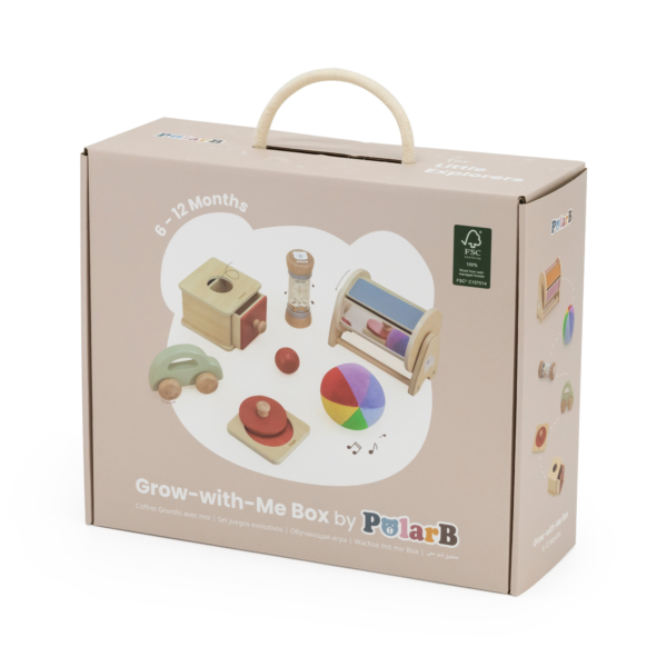 PolarB FSC Grow-with-Me Box Little Explorers, Sensory and Motor Skill Development Toy Set for Babies 6-12 Months, Includes Wooden Car, Mirror Sorter, Plush Ball, Puzzle, and More