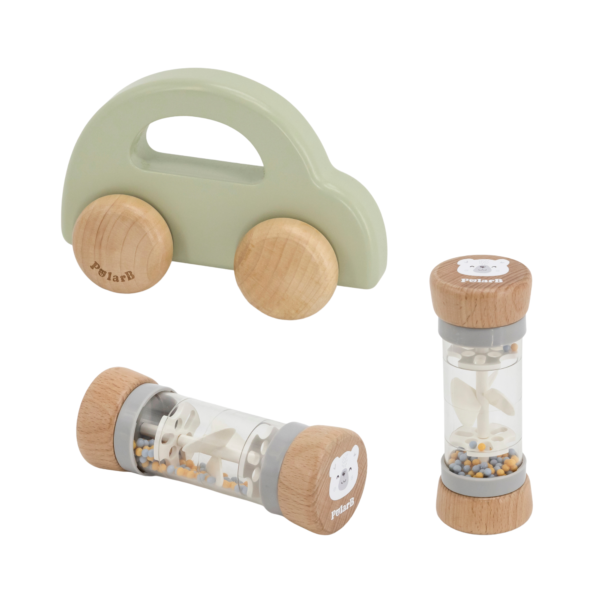 PolarB FSC Grow-with-Me Box Little Explorers, Sensory and Motor Skill Development Toy Set for Babies 6-12 Months, Includes Wooden Car, Mirror Sorter, Plush Ball, Puzzle, and More