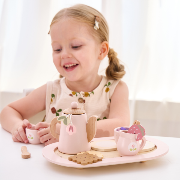PolarB Wooden Tea Party Set, Pretend Play Tea Set with Teapot, Cups, Tray, Biscuits, and Accessories, Role Play Toy for Toddlers, Ages 3+