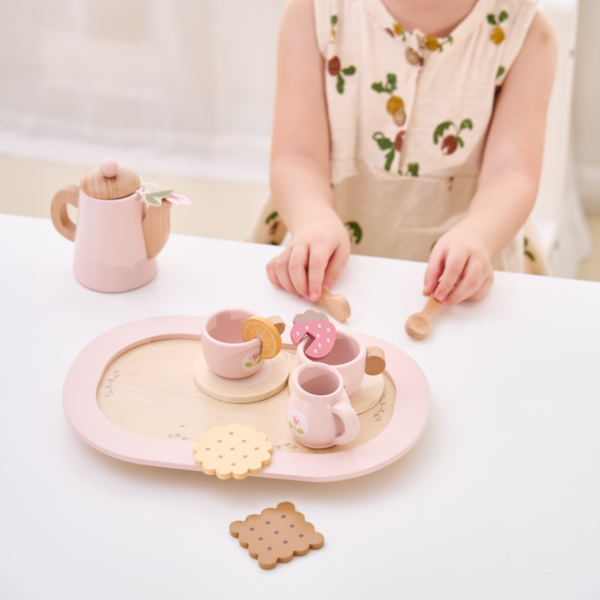 PolarB Wooden Tea Party Set, Pretend Play Tea Set with Teapot, Cups, Tray, Biscuits, and Accessories, Role Play Toy for Toddlers, Ages 3+