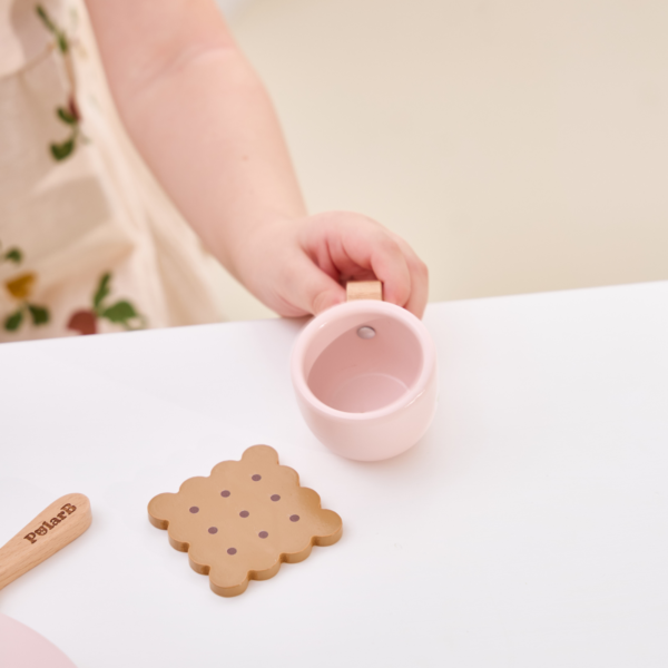 PolarB Wooden Tea Party Set, Pretend Play Tea Set with Teapot, Cups, Tray, Biscuits, and Accessories, Role Play Toy for Toddlers, Ages 3+