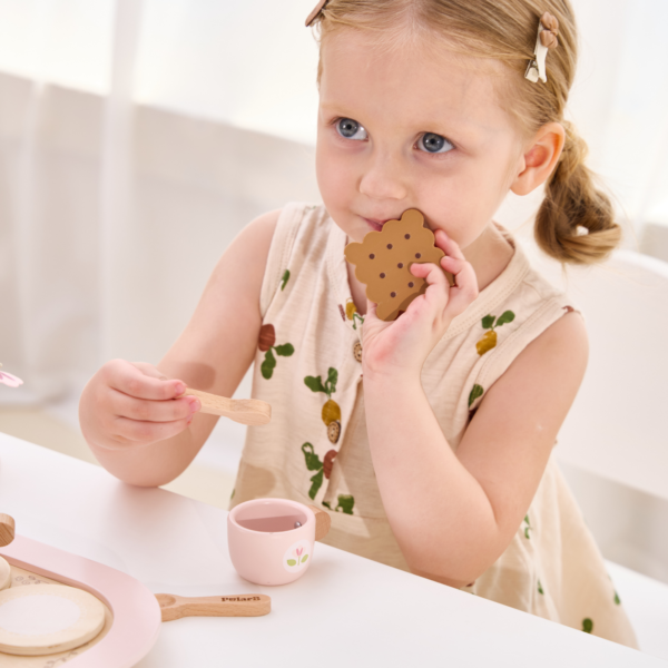 PolarB Wooden Tea Party Set, Pretend Play Tea Set with Teapot, Cups, Tray, Biscuits, and Accessories, Role Play Toy for Toddlers, Ages 3+