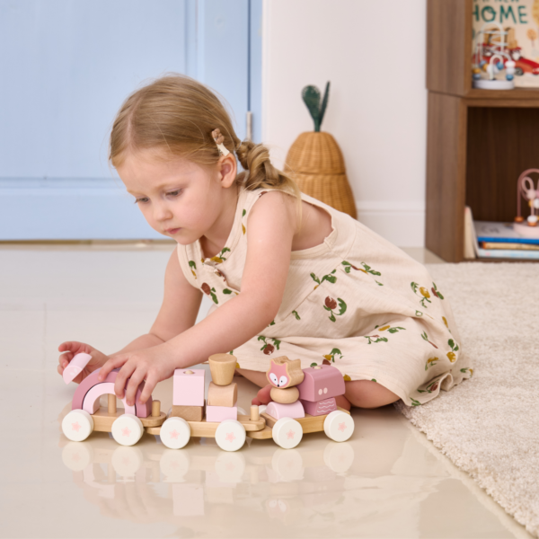 PolarB Stacking Train, 3-Carriage Wooden Toy with 14 Blocks, Fox Theme in Pastel Pink Suitable for Kids 18 Months+