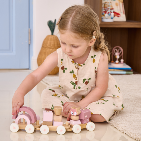 PolarB Stacking Train, 3-Carriage Wooden Toy with 14 Blocks, Fox Theme in Pastel Pink Suitable for Kids 18 Months+