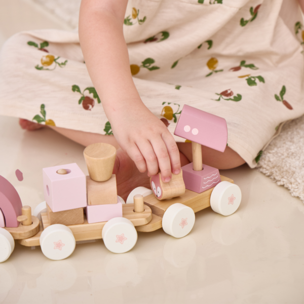 PolarB Stacking Train, 3-Carriage Wooden Toy with 14 Blocks, Fox Theme in Pastel Pink Suitable for Kids 18 Months+