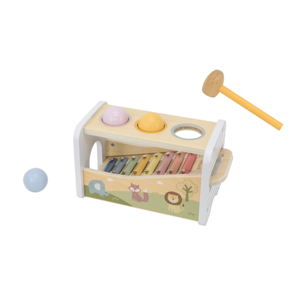 PolarB 2-in-1 Wooden Pounding Bench and Xylophone Musical Toy for Toddlers - Montessori-Inspired Sensory Toy for Ages 18 Months and Up