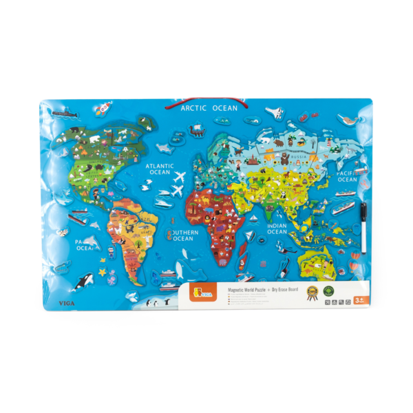 Viga Dry Erase Board with,   Magnetic World Puzzle, Montessori Wooden Toy, Develops Sensory, Cognitive & Fine Motor Skills, Non-Toxic & Eco-friendly Kids Educational Toy, Suitable for Children 3Y+