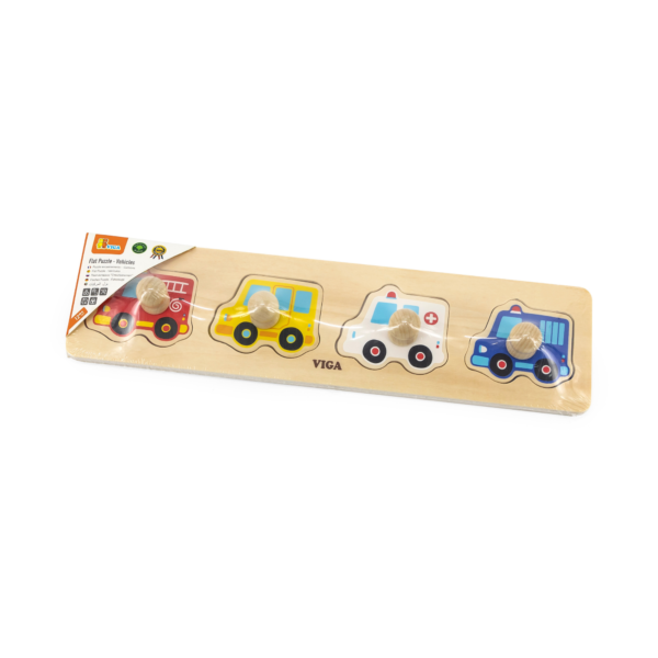 Viga Vehicles, 4 Piece Knob Puzzle, Montessori Wooden Toy, Develops Sensory, Cognitive & Fine Motor Skills, Non-Toxic & Eco-friendly Kids Educational Toy, Suitable for Boys and Girls Aged 12M+
