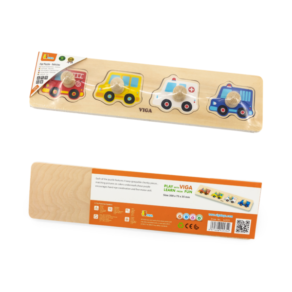 Viga Vehicles, 4 Piece Knob Puzzle, Montessori Wooden Toy, Develops Sensory, Cognitive & Fine Motor Skills, Non-Toxic & Eco-friendly Kids Educational Toy, Suitable for Boys and Girls Aged 12M+
