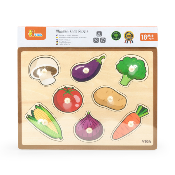 Viga Vegetables, 8 Piece Knob Puzzle, Montessori Wooden Toy, Develops Sensory, Cognitive & Fine Motor Skills, Non-Toxic & Eco-friendly Kids Educational Toy, Suitable for Boys and Girls Aged 18M+