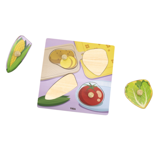 Viga Vegetables, 4 Piece Knob Puzzle, Montessori Wooden Toy, Develops Sensory, Cognitive & Fine Motor Skills, Non-Toxic & Eco-friendly Kids Educational Toy, Suitable for Boys & Girls Aged 12M+