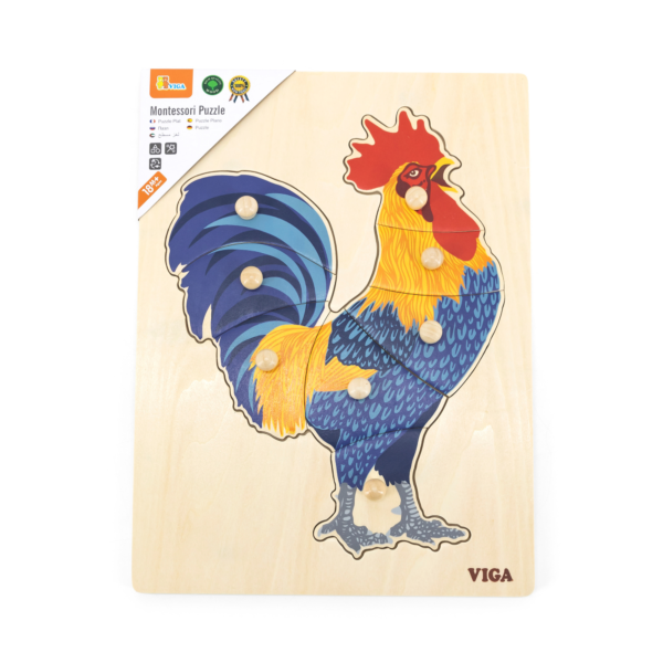 Viga Rooster, Farm Animals, 8 Piece Knob Puzzle, Montessori Wooden Toy, Develops Sensory, Cognitive & Fine Motor Skills, Non-Toxic & Eco-friendly Kids Educational Toy, Suitable for Children Aged 18M+