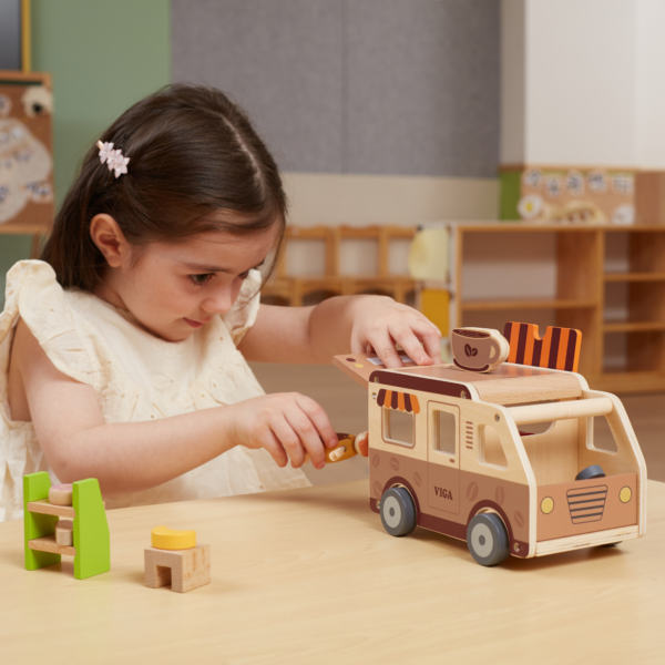 Viga Wooden Coffee Truck Playset, 11-Piece Montessori-Inspired Cafe-Themed Vehicle Toy, Non-Toxic and Eco-Friendly, Encourages Imaginative Role Play and Fine Motor Skills, Suitable for Boys & Girls Ages 3+