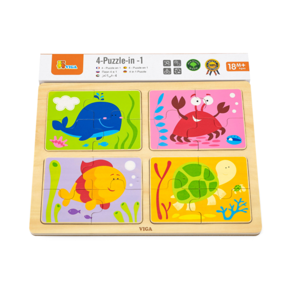 Viga 4 in 1 Sea, 16 Piece Block Puzzle, Montessori Wooden Toy, Develops Sensory, Cognitive & Fine Motor Skills, Non-Toxic & Eco-friendly Kids Educational Toy, Suitable for Boys and Girls Aged 18M+