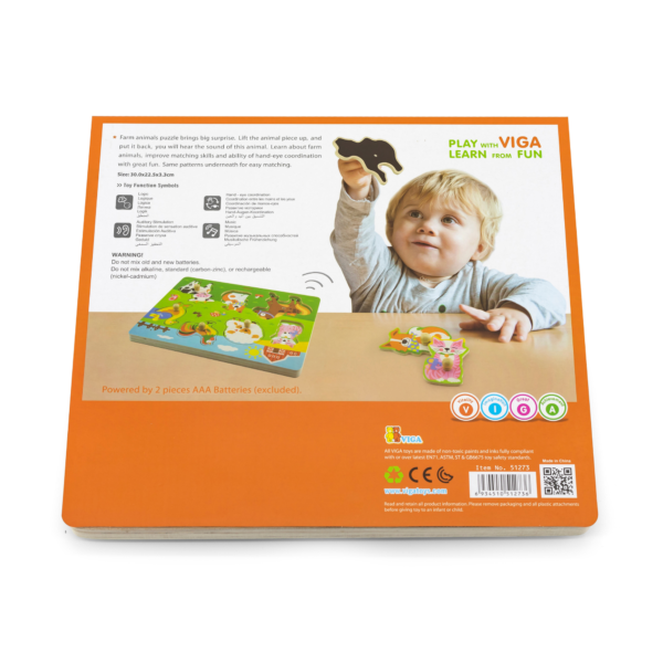 Viga Farm Animals, 7 Piece Knob Puzzle with Sound, Montessori Wooden Toy, Develops Sensory, Cognitive & Fine Motor Skills, Non-Toxic & Eco-friendly Kids Educational Toy, Suitable for Children 18M+