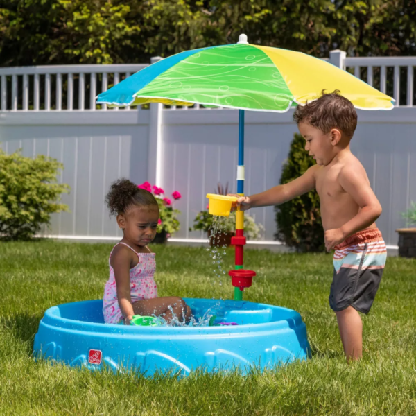 Step2 Play & Shade Pool, 45 Litre Outdoor Water Pool with Two Molded Seats, Includes Funnel Cup, Umbrella and Water Wheel Accessories, Backyard Garden Kids Pool Suitable for Boys and Girls Aged 2+