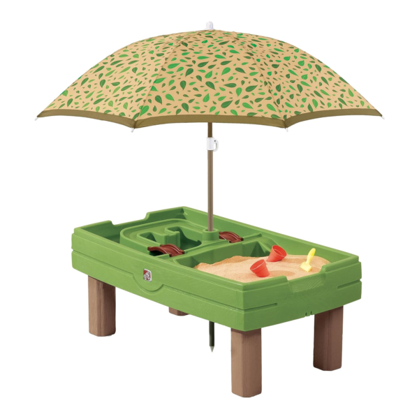 Step2 Naturally Playful Sand & Water Activity Center, Outdoor Sand and Water Table with Umbrella, Sensory Playset with 7 Piece Accessories, STEM Toy and Activity Centre, Suitable for Children Aged 2+