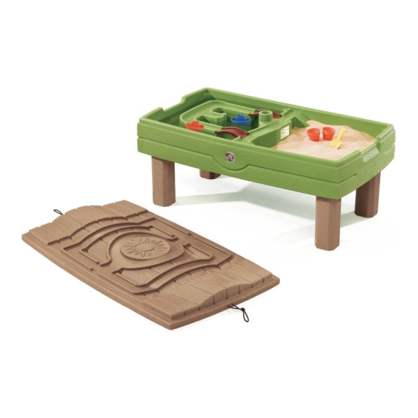 Step2 Naturally Playful Sand & Water Activity Center, Outdoor Sand and Water Table with Umbrella, Sensory Playset with 7 Piece Accessories, STEM Toy and Activity Centre, Suitable for Children Aged 2+