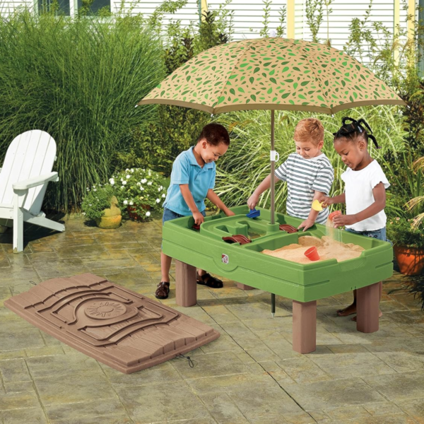 Step2 Naturally Playful Sand & Water Activity Center, Outdoor Sand and Water Table with Umbrella, Sensory Playset with 7 Piece Accessories, STEM Toy and Activity Centre, Suitable for Children Aged 2+