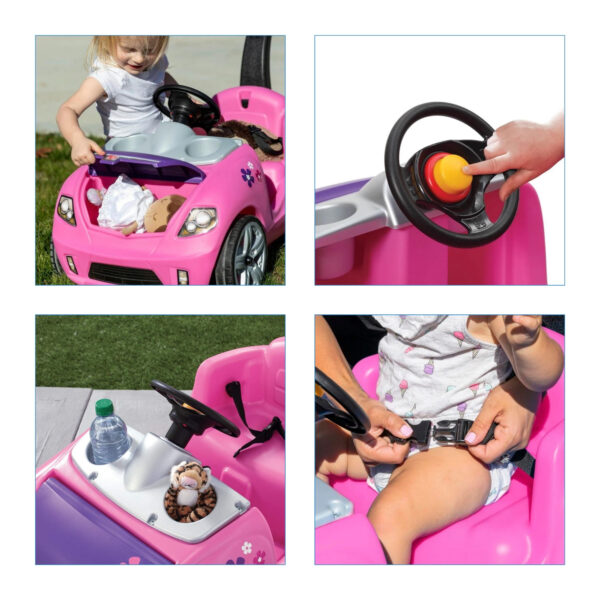 Step2 Whisper Ride II, Single Seater Kids Push Car, Easy to Store Ride On Toy with Seatbelt, Horn and Storage Trunk, Suitable for Children both Boys and Girls Aged 18m and Above, Pink