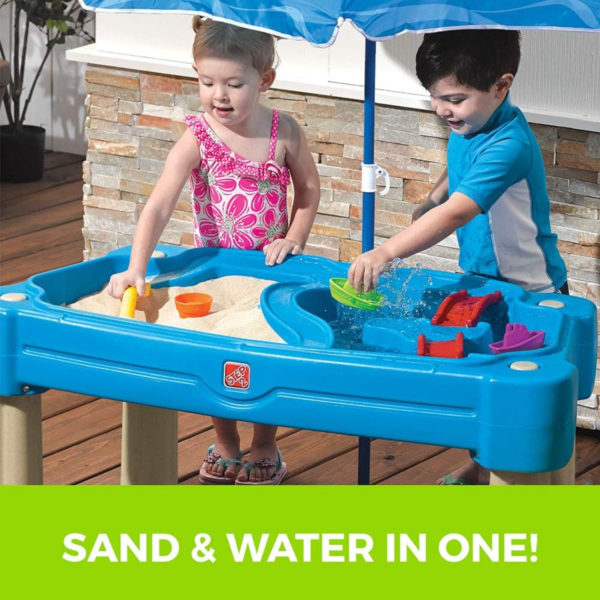 Step2 Cascading Cove with Umbrella, Outdoor Sand and Water Table with Lid, Sensory Playset, Activity Toy with6 Piece Accessories Include Boats, Shovel and Bucket, Backyard STEM Toyfor KidsAged 1.5+
