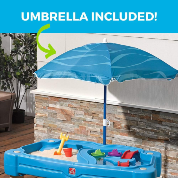 Step2 Cascading Cove with Umbrella, Outdoor Sand and Water Table with Lid, Sensory Playset, Activity Toy with6 Piece Accessories Include Boats, Shovel and Bucket, Backyard STEM Toyfor KidsAged 1.5+