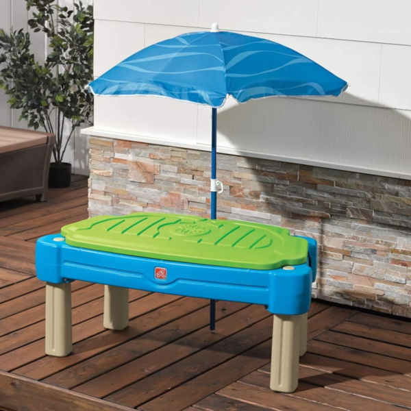 Step2 Cascading Cove with Umbrella, Outdoor Sand and Water Table with Lid, Sensory Playset, Activity Toy with6 Piece Accessories Include Boats, Shovel and Bucket, Backyard STEM Toyfor KidsAged 1.5+