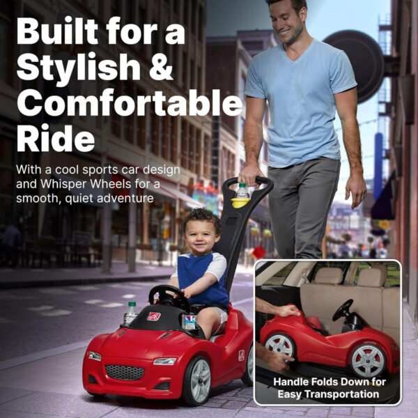Step2 Whisper Ride Cruiser, Single Seater Kids Push Car, Easy to Store Ride On Toy with Seatbelt, Horn and Storage Trunk, Suitable for Children both Boys and Girls Aged 18m and Above, Red