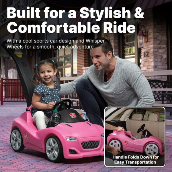 Step2 Whisper Ride Cruiser, Single Seater Kids Push Car, Easy to Store Ride On Toy with Seatbelt, Horn and Storage Trunk, Suitable for Children both Boys and Girls Aged 18m and Above, Pink