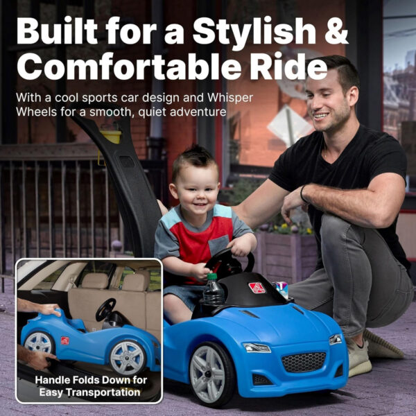 Step2 Whisper Ride Cruiser, Single Seater Kids Push Car, Easy to Store Ride On Toy with Seatbelt, Horn and Storage Trunk, Suitable for Children both Boys and Girls Aged 18m and Above, Blue