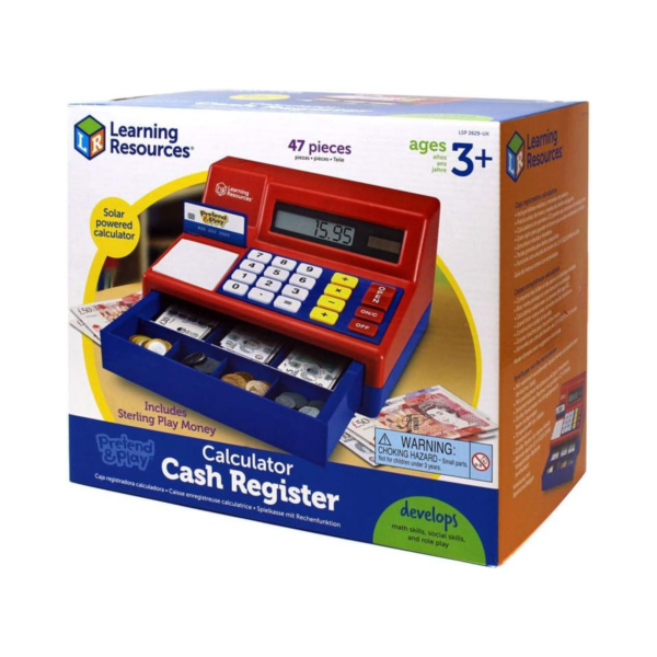 Learning Resources Pretend & Play Calculator Cash Register with Euro Money, Realistic Play Set with Solar-Powered Calculator, Includes Play Money & Activity Guide, For Ages 3+